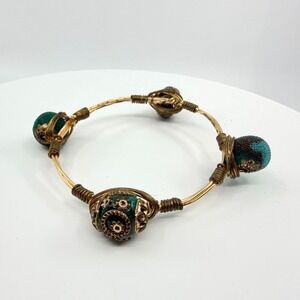 Vintage Boho Teal Beaded Wire-Wrapped Bangle Bracelet Gold Tone Retro